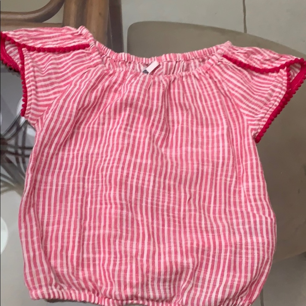 Girls Pink Striped peasant top with Pom Poms